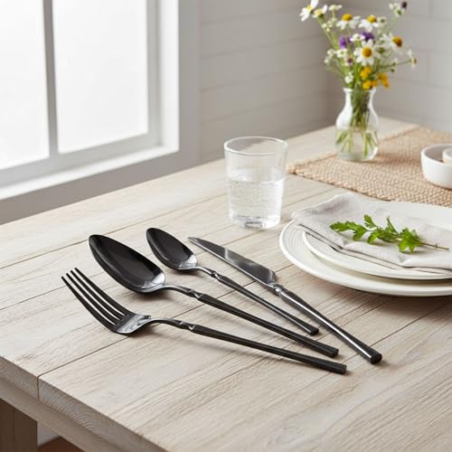 Image of 8 Pcs Black Slim Handle Stainless Steel Cutlery Set for Dining Table with Spoons and Forks Set + Butterknives - The Perfect Tableware /Flatware
