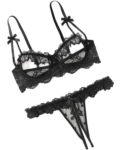 Avidlove Sexy Lingerie Set for Women Underwire Push Up Lace Bra Panty Cutout Lace Lingerie Set Black Small