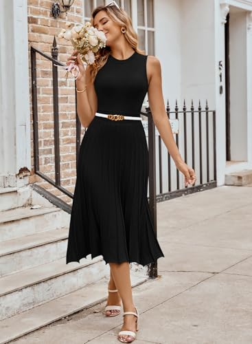 Pink Queen Women's Crew Neck Sleeveless High Waisted Bodycon Pleated Ribbed Swing Knit Midi Dresses4