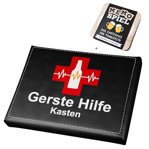 CULT at home Bierkasten Aufsatz Gerste Hilfe – Gartenhocker Bierkastensitz inkl Bierdeckel Memospiel - Sitzauflage für Bierkiste Getränkekiste - Hocker für Balkon Camping 44x34 cm Geschenk Vatertag