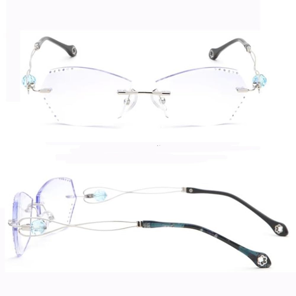 COKYIS Randlose Computerbrille Progressive Multifokale Lesebrille Für Frauen Diamantschliff Presbyopie Sehhilfe Lesehilfe Gleitsichtbrille Mode (Color : Silver, Size : 2.00)