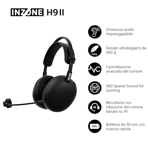 INZONE H9 II Cuffie da gaming wireless con cancellazione del rumore – Audio spaziale a 360°, Microfono con riduzione del rumore, Batteria da 30 ore, Design leggero, Bluetooth Cablato, PC – Black - Cuffia gaming - Immagine 1