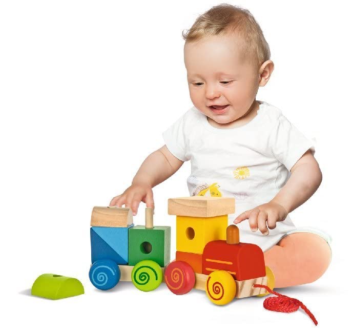 Eichhorn 100003453 Lok mit Sound, Anhänger mit Bausteinen, 17cm lang, Birke und Kiefernholz, WB, Try me,1J+, bunt