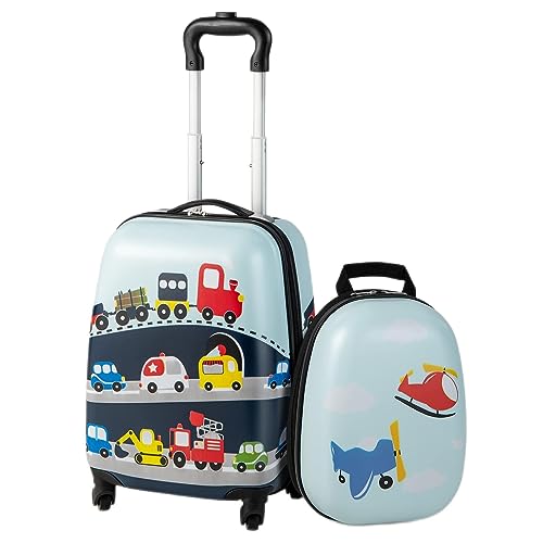 GYMAX - GYMAX Kids Carry On Luggage Set, 12" & 16" 2PCS Rolling Suitcase (Little Airplane)