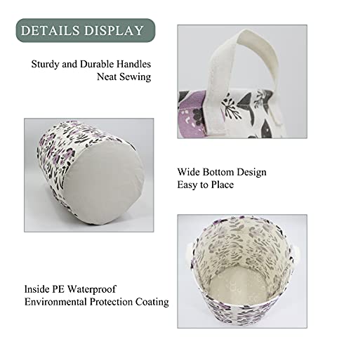 Image of Mziart Collapsible Laundry Basket, Floral Printing Large Laundry Hamper for Baby Girls Kids Toys Clothes Organizer Foldable Storage Bin Waterproof Canvas Nursery Storage Basket with Handles (Purple)