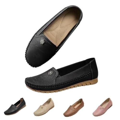 Orthopedic Leather Shoes Loafers Slip On Stitched Flat-Soled Women's Casual Anti-Slip Rubber Sole Walking Flats Loafers (black,2