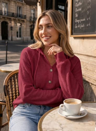 Image of Dokotoo Hoodies for Women Waffle Knit Button V Neck Casual Sweatshirt Tops
