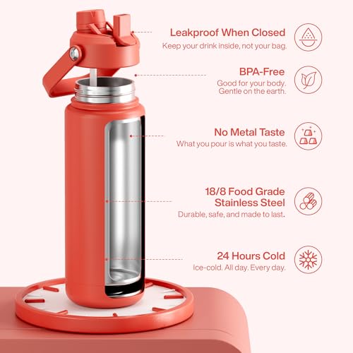 Image of ENCOOL Insulated Water Bottle with Straw Stainless Steel Water Bottle, Leak-Proof, BPA-Free, Double Wall Vacuum Keeps Cold for 24 Hours for Sports, Travel, School (32 oz, Tawny Orange)