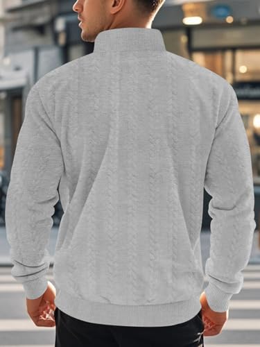 Mens Quarter Zip Pullover Quilted Sweatshirt Knit Long Sleeve Mock Neck Sweater Polo Shirt3