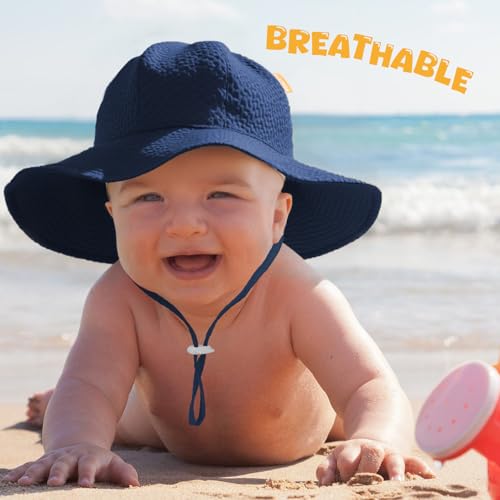 Image of HONGTEYA Baby Sun Hat Toddler Girl Beach Hat Sun Protection Adjustable Outdoor Summer Wide Brim Bucket Hat for Infant Kids