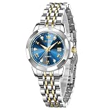 OLEVS Orologio da donna con diamanti, calendario, profumo, orologio da donna, in acciaio inox, impermeabile, con data e giorno, analogico al quarzo, 9931x: cinturino bicolore e quadrante blu