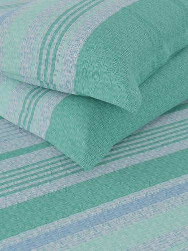 Image of KOPA Extra Smooth Cotton Double Bedsheet with 2 Pillow Covers -3pc Set (Lopez) | Extra Smooth Cotton | 1 Double Bedsheet with 2 King Size Pillow Covers Stripe-Green /Teal