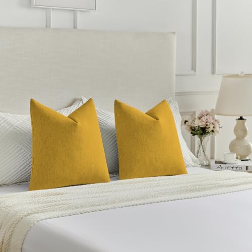 FUTEI Mustard Yellow Chenille Decorative Throw Pillow Covers 16x16 Inch Set of 2,Soft Cozy Faux Linen Textured Cushion Case,Farmhouse Home Decor for Couch Living Room