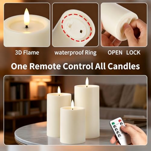 Image of Outdoor Candles with Timer Waterproof, 3PCS Flameless Candles with Remote Battery Operated Candles, Realistic Flame Effect LED Pillar Candles for Fireplace Halloween Christmas Patio Centerpieces
