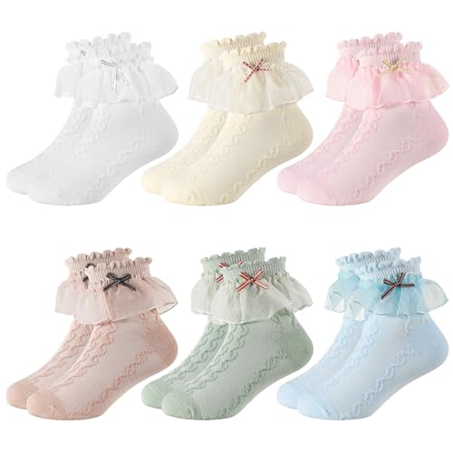 Zuimei 6 Pairs Girls Frilly Socks Ruffle Lace White Ankle Socks for Ages 4-6 Girls Kids Colourful Soft Cotton Blend Cute Princess Dress for School Ballet Daily Wear Trainer Liner Sock