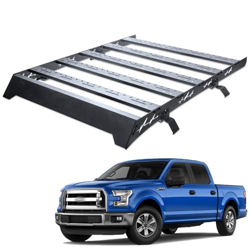 TLAPS 7422457275269 68 x 50 Inch Roof Rack Compatible with 2015-2025 Ford F150 Supercrew (Crew) Cab Black Low Profile Window Frames Cargo Roof Basket Luggage Carrier with Wind Fairing