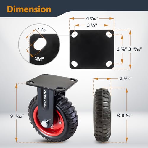 Image of POWERTEC 8 Inch Caster Wheels Set of 2 (1 Swivel & 1 Fixed), Heavy Duty Casters w /Rubber Knobby Tread for Workbench, Dolly, Cart, Trolley, Wagon, Toolbox and Chicken Coop, Large Castor Wheels (17057)