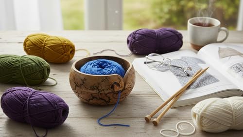 Image of Handcrafted Wooden Yarn Knitting Crochet Bowl Holder For Skien Yarn Balls Decorative Storage Organizer Crocheting Needlework Knitting Accessories Kit Supplies Sturdy Non Slip Gifts For Mother Her
