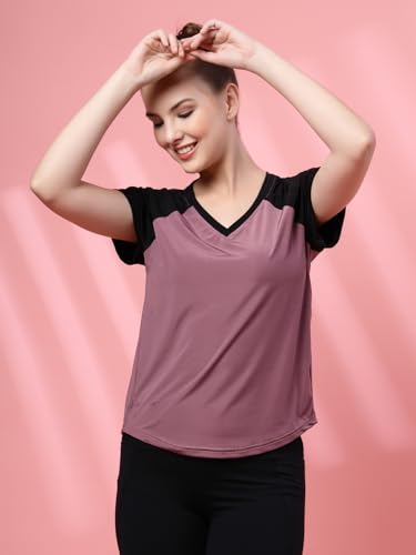 Image of UZARUS Women's V-Neck Regular Fit Gym T-Shirt | Soft Lightweight & Stretchable Fabric | Activewear Top for Workout Yoga Running Exercise Casual Wear