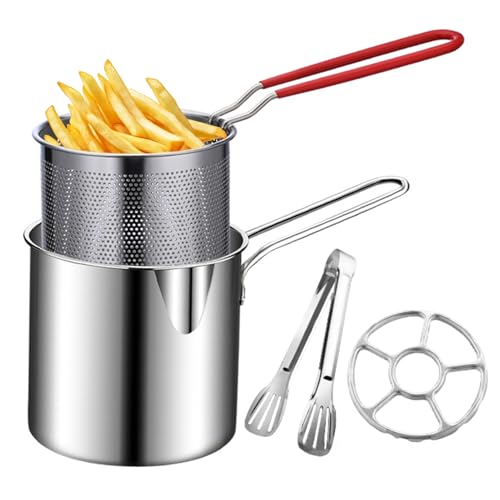 Friteuse en Acier Inoxydable avec Panier Amovible et Pince, Marmite de Friture avec Poignée Anti-Brûlure , Pots de Filtre à Huile pour Frites Maison,...