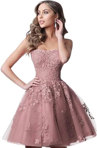 Lace Homecoming Dresses Short A Line Strapless Formal Cocktail Party Gowns-Dusty Rose-2