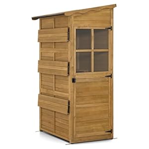 M MCombo Gartenschrank Gartenhaus Holz Wetterfest, Outdoor Schrank Wetterfest, Geräteschuppen Begehbar, für Außenbereich Balkon & Terrasse, Gerätehaus mit 3 Feste Regale, 120×86×201 cm, 1753 (Natur)