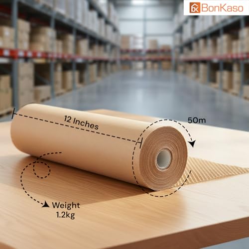 Image of BonKaso Honeycomb Paper Wrap Roll 50M x 12 Inch | 80 GSM Eco-Friendly Brown Packaging Roll | Cushioning & Shockproof Wrap for Fragile Items | Sustainable Packing Material for Shipping