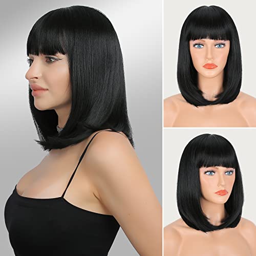 FESHFEN Kurze Schwarze Bob Perücke mit Fransen für Frauen Mittellange Synthetische Perücken mit Pony Gerade Haar Perücken für Party Täglich 35 cm Cover