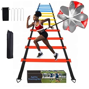 YGORTECH Soccer Agility Training Equipment Set, Soccer Accessories 20 Ft Agility Ladder, Resistance Parachute, Footwork Drills for Speed Training