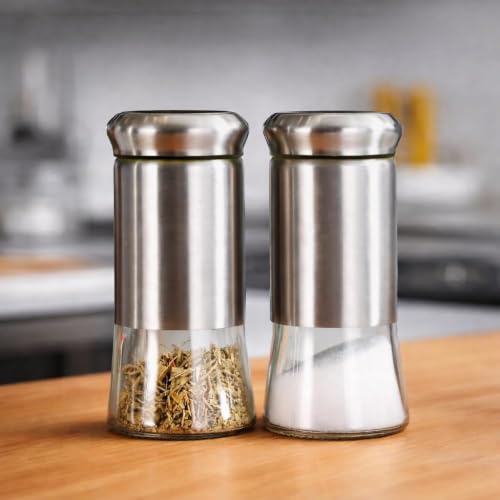 Image of Zapsol Stainless Steel Salt and Pepper Shaker Set of 2 | Moisture Proof Spice Dispenser with Glass Bottom,Refillable Seasoning Container for Kitchen Dining Table