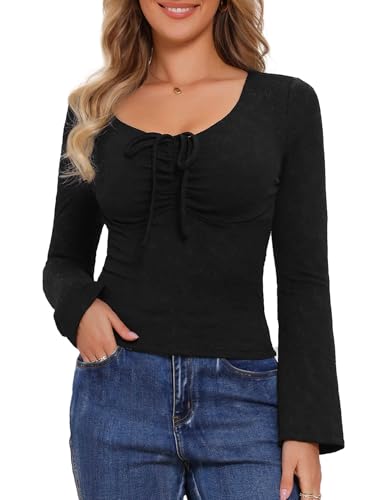 Haut froncé jacquard Allegra K blouse col en V manches longues femme chic