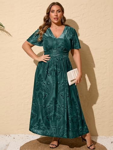 Image of Simplee Women's V Neck Velvet Maxi Dress Short Sleeve Empire Waist Long Formal Dress for Wedding Guest