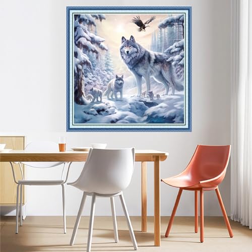 Image of DMCVIVR Stamped Cross Stitch Kits for Beginners Adults Needlepoint Kits for Beginners Embroidery Kits for Adults Crossstitch Kit for Beginners 11CT-Snow Wolf 18x18 inchs
