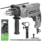 Inequalit Corded Hammer Drill 3000RPM with 5pcs Bits, 4.5Amp 1/2 Inch Keyed Metal Chuck Impact Drill, 360° Rotating Handle and 12 Variable Speed for 2 Functions in 1