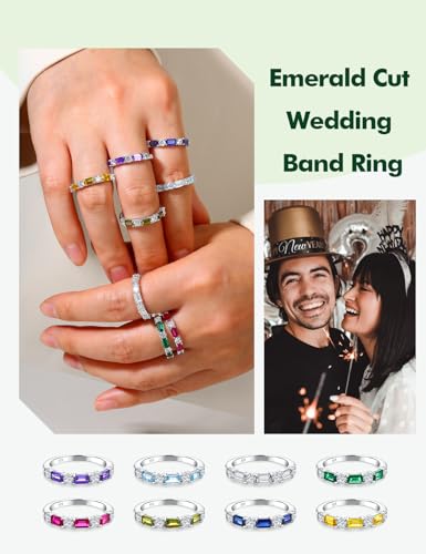 Sterling Silver Birthstone Rings for Women Sapphire/Ruby/Emerald/Aquamarine Wedding Band 3mm Stackable Half Eternity 7 Stone Anniversary Ring Wife Mom Birthday Jewelry Size 6-103