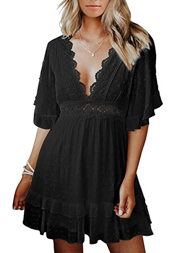 Dokotoo Womens Cute Spring Sexy Swiss Dot Deep V Neck Ruffle Chiffon Crochet Lace Bell Short Sleeve Elegant Boho Bohemian Hawaiian Flowy Mini Short Skater Dresses for Women Casual Summer 2021 Black L