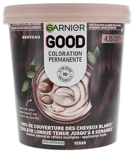 Garnier - Tinte permanente para el cabello – Sin amoniaco – 90% ingredientes naturales – Manteca de karité – 100% cobertura para cabello blanco – GOOD Ice Brown 4.15