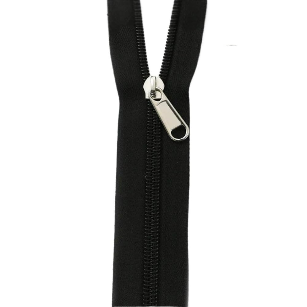 Zip Fastener 5#Dexterity Nylon Coil Zippers+Zip Closure Puller Head, Black/Silver Sliders, 1-10M for Repair Bags(Silver,3Meters)