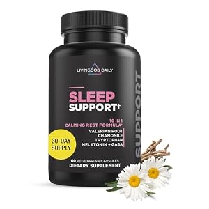 Livingood Daily Sleep Support Supplement, 10-in-1 Natural Sleep Aid with 5 MG Melatonin, Valerian Root, Chamomile, Tryptophan & GABA for Men & Women, Non Habit Forming, Gluten Free, Vegan, 60 Capsules
