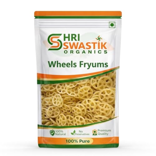 Shri Swastik Organics Ready To Fry Wheels Fryums | Wheels Shaped Fryums Papad/Chips | Ready To Fry Papad Snack | 400 Grams