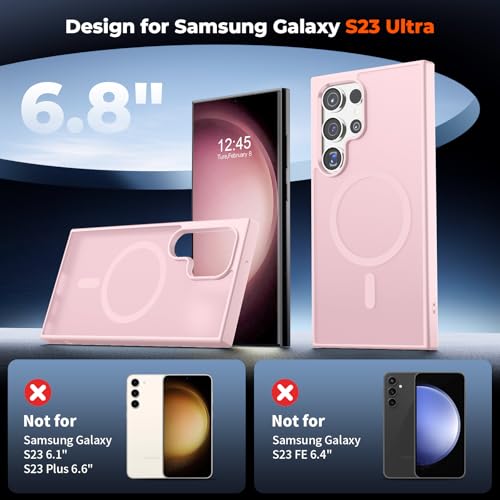 Image of SUPFINE Magnetic for Samsung Galaxy S23 Ultra Case with Screen Protector, (Built-in Magnets) (Military Grade Drop Protection) Slim Translucent Shockproof Phone Case,Pink