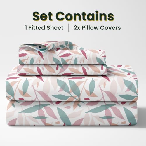 Image of LORETO - A QUALITY LINEN BRAND 210 TC 100% Pure Cotton King Size Fitted Bedsheet with 2 Pillow Covers for 78 x 72 Inch Mattress, All-Around Elastic, 8 Inch Deep Pocket, Pink Leaf Whisper