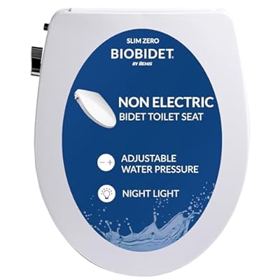 Bio Bidet Slim Zero Non Electric Bidet Toilet Seat Round, Low Profile Seat with Slow Close Lid, Battery Powered Night Light, Dual Nozzles, White