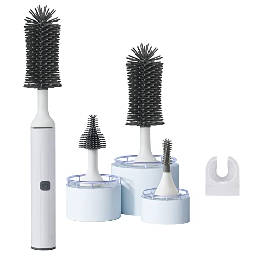 Image of Winforhour Electric Baby Bottle Brush Cleaner Set with Electric Bottle Brush, Silicone Water Bottle Cleaner,Nipple/Gap/Straw Brush,Rechargeable Automatic Bottle Cleaner Brush, White