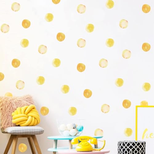 Watercolor Polka Dots Wall Decals Rainbow Colorful Removable Round Stickers for Kids Baby Girls Playroom Nursery Room (Yellow)