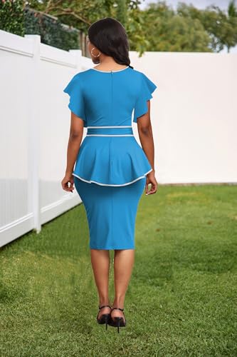 Image of Women's Vintage Bodycon Church Ruffle Sleeve Ruched Dresses Work Midi Pencil Dress
