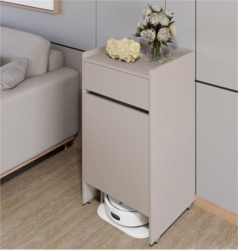 Mobile Sweeper Robot Storage Cabinet with Wheels - Narrow Corner Stand for Robot Vacuum, Freestanding Wood Rack, Space-Saver Shelf for Home & Office (White)