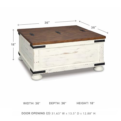 Signature Design by Ashley Wystfield Farmhouse Square Storage Coffee Table with Hinged Lift Top, Distressed White