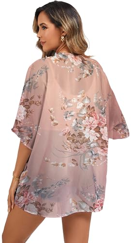 Image of FINOCEANS Womens Floral Chiffon Kimono Cardigans Loose Beach Cover Up Half Sleeve Tops