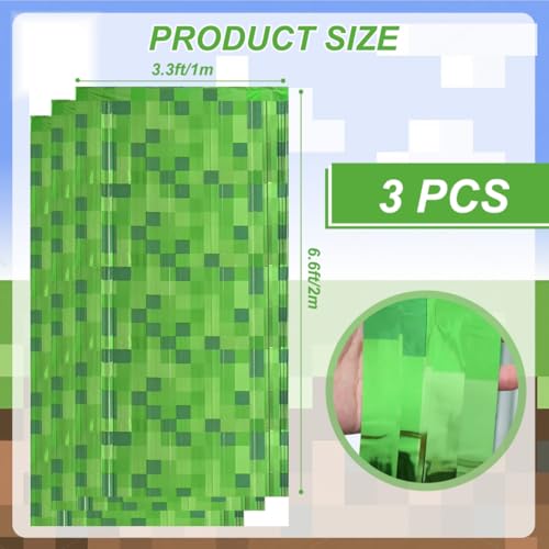 Image of Calmi 3 Pack Green Foil Fringe Curtains Pixel Birthday Backdrop, 3.3x6.6ft Video Game Door Streamers for Boys Girls Gaming Birthday Party Decorations Supplies